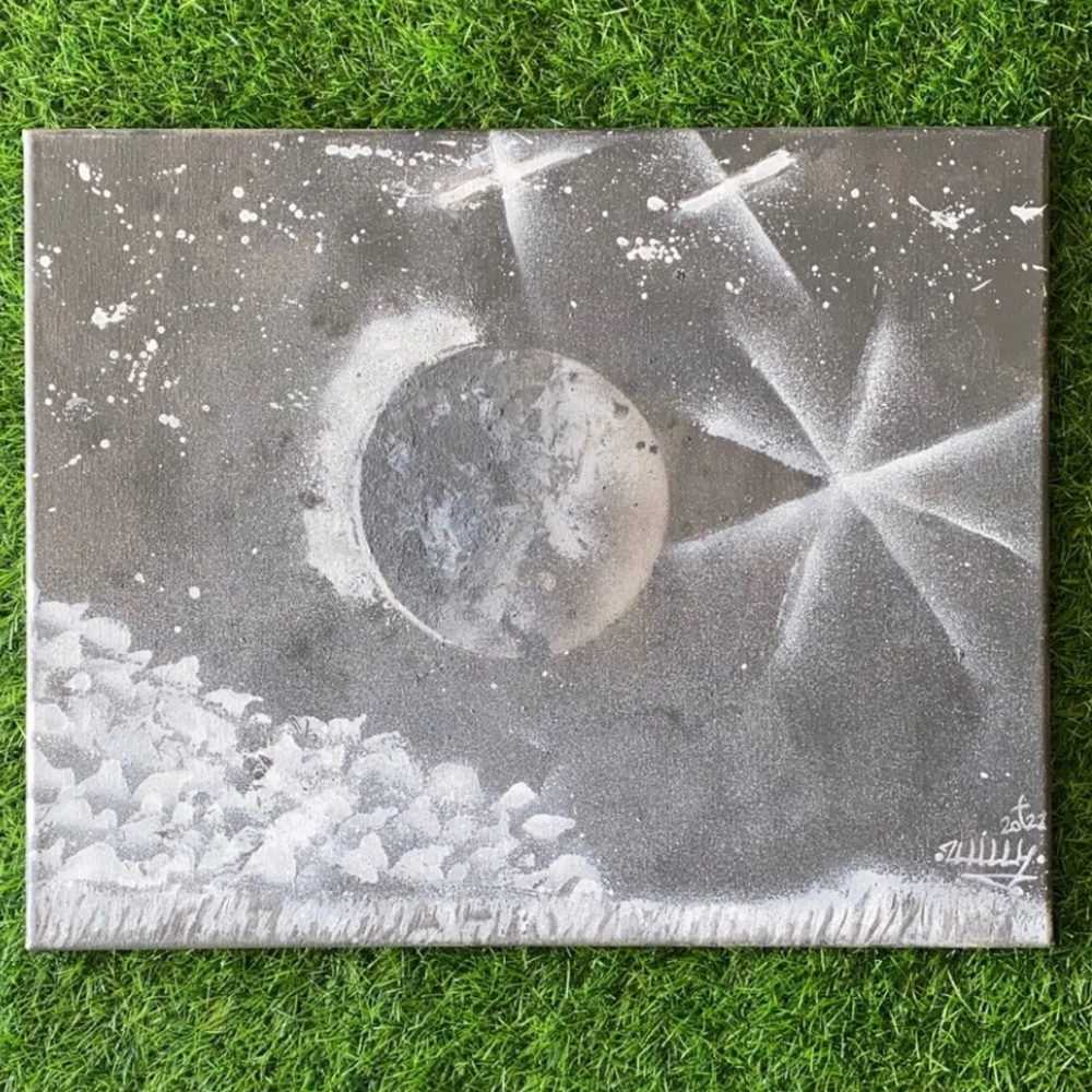 Outer Space Moon with Clouds Painting Canvas with Spray Can Black&White 16x20